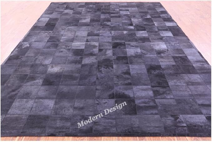 Modern Design Premium Cowhide Leather Carpet with Chevron Pattern, Area Rug (Black, 3x14)