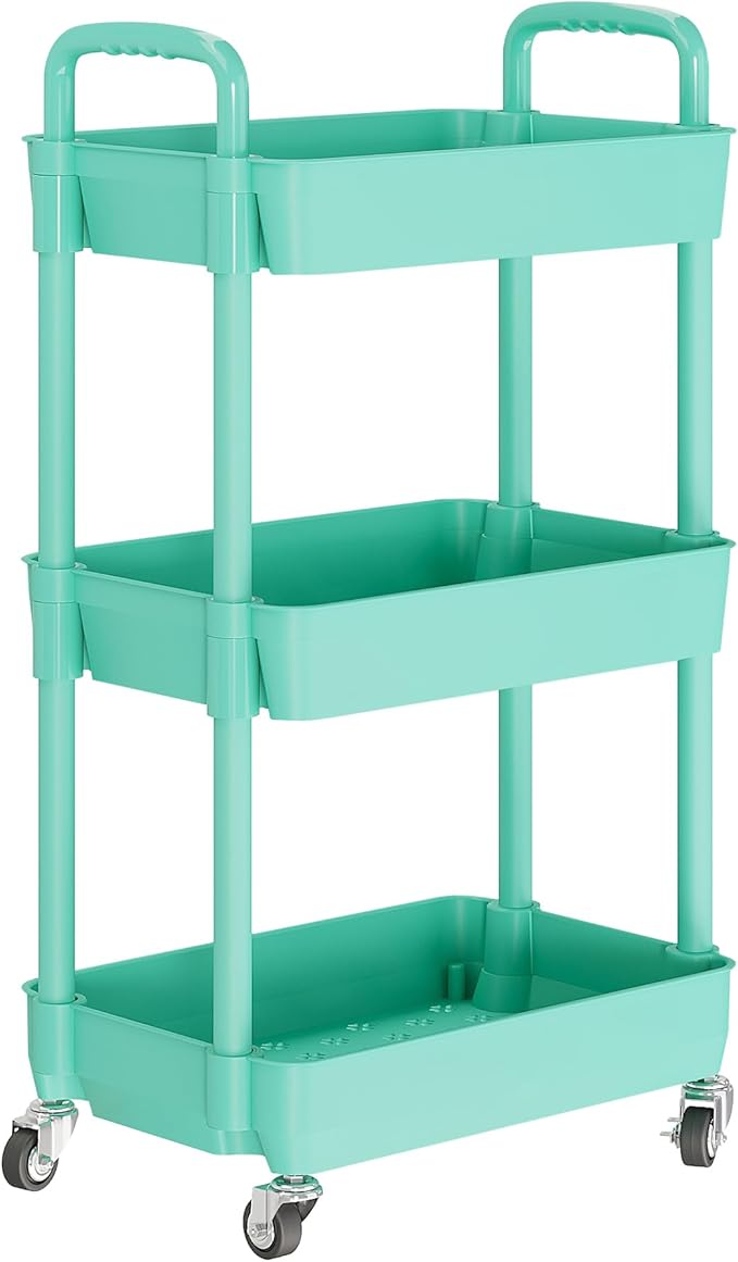 Laiensia 3-Tier Rolling Cart with Wheels,Multifunction Utility Storage Carts, Kitchen Storage Organizer,Mobile Shelving Unit for Bathroom,Laundry,with Classified Stickers,Green
