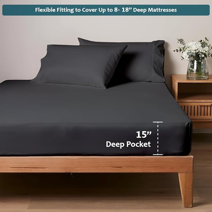 Deep Pocket King Sheets Set - Luxury 338 Thread Count Sateen, 100% Cotton Sheets with All Around Elastic for a, Hotel Quality Bedding Set (Dark Grey Solid)