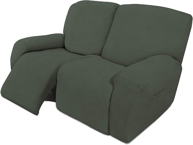 Easy-Going 6 Pieces Recliner Loveseat Stretch Sofa Slipcover Sofa Cover Furniture Protector Couch Soft with Elastic Bottom Kids, Spandex Jacquard Fabric Small Checks Olive Green