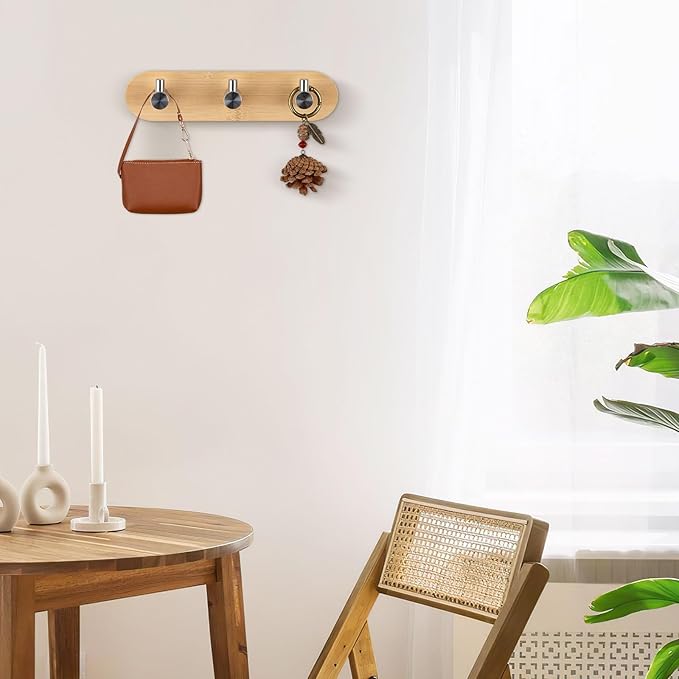 Nekon Bamboo Key Holder for Wall, Wall Mount Key Organizer with 3 Hooks, Decorative Coat Rack for Entryway, Kitchen, Bedroom, Bathroom (Silver Hooks)