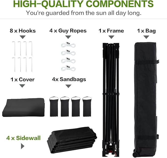 Tunbne 10X10 Comercial Pop Up Canopy Tent with 4 Sidewalls and 6 Pockets, One Push Setup Center Lock, for Beach Patio Outdoor, Case, 8 Stakes, 4 Ropes, 4 Sandbags (Pitch Black)