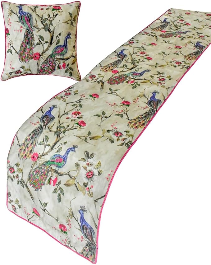 The HomeCentric King/Queen/Twin Pink & Purple Decorative Twin 53"x18" Bed Runner Without Pillow Cover, Peacock, Beaded, Pom Pom Lace Bed Scarf on Cotton Fabric - Pavo Paradiso