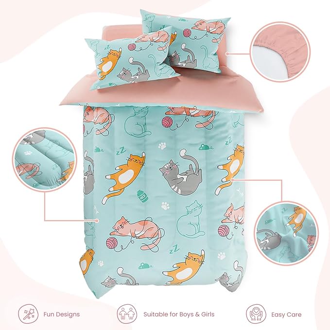 SANDJEST Cat Comforter Set Twin for Girls, Ultra Soft Microfiber Bedding Sets with 3-Pieces, Cats Comforters Bed Sets for Kids Children Girl Bedroom Decor