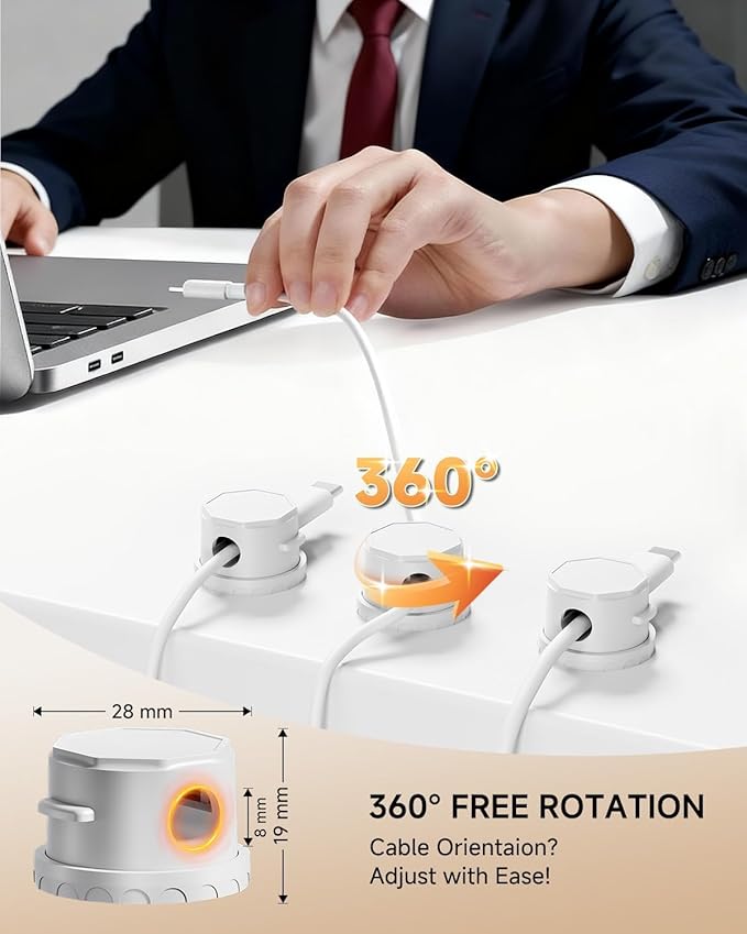 Cord Organizer Holder, 360° Rotatable Magnetic Cable Clips, Strong Adhesive Cable Management Desk Accessories, Adjustable Wire Organizer Hide Cords Neatly for Nightstand/Home/Kitchen/Office/Car