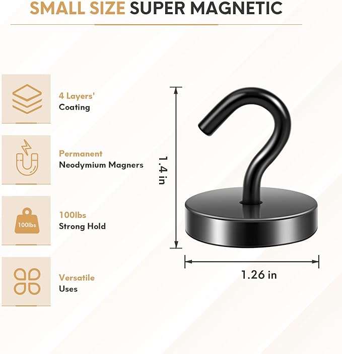 Neosmuk Magnetic Hooks, Cruise Ship Essentials, 120lb+ Heavy Duty Magnetic Hooks for Cruise Cabins, Refrigerator, Grill, Hanging, and Travel | Extra Strong Must-Haves Magnet Hook,Black, Pack of 10