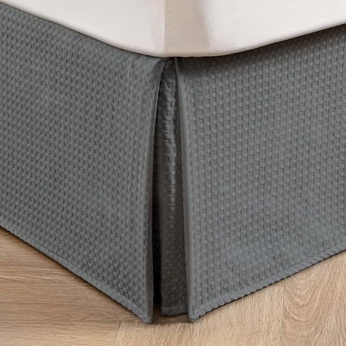 MIYE Pleated Waffle Weave Bed Skirt, Tailored Dust Ruffle 14 Inch Drop Easy Fit, Machine Washable (Dark Grey, Twin - 14" Drop)