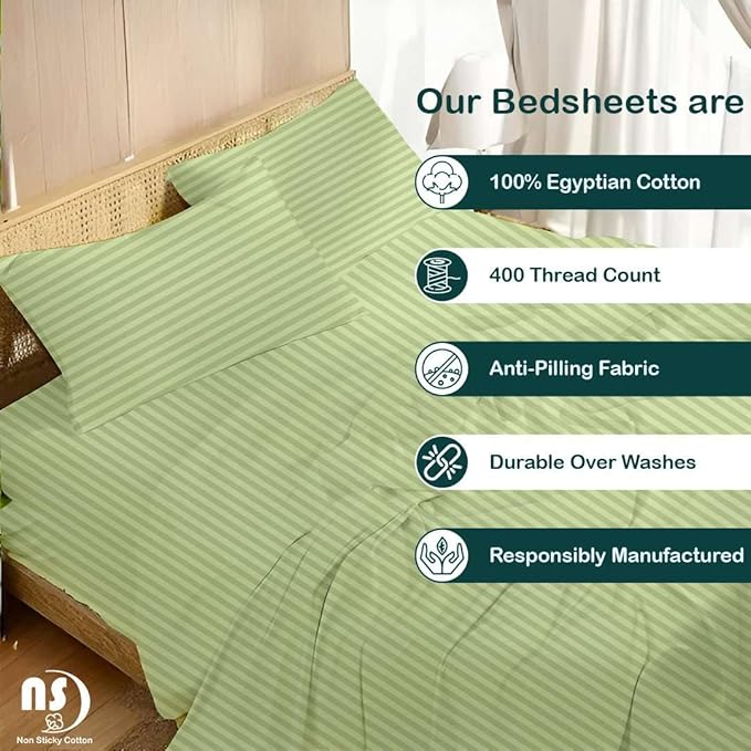 NON Sticky cotton Full Size Sleeper Sofa Sheets, 4 Piece Egyptian Cotton Bed Sheet Set for Sofa Bed, 10" Deep Pocket for Pull Out Couch Mattress, 54" x 75", Sage Stripe, Soft & Breathable