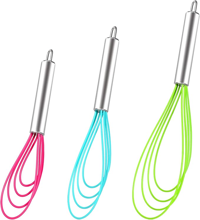 Webake Silicone Flat Whisk Set of 3, Heat Resistant Kitchen Whisks for Non-stick Cookware, Egg Beater Perfect for Blending, Whisking, Beating, Frothing & Stirring