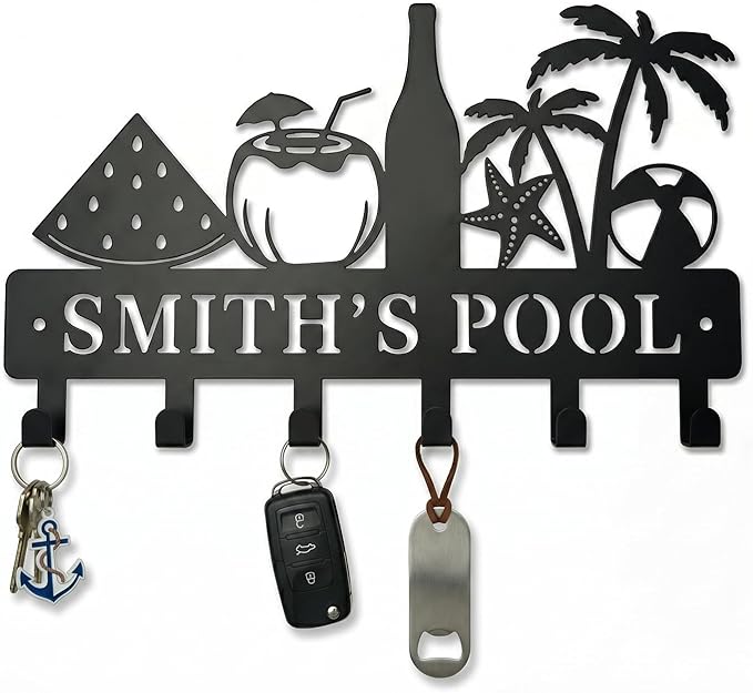 Metal Key Holder Wall Mount, Coastal Tropical Key Rack Hooks, Beach Pool Sunset Wall Art Organizer for Entryway, Kitchen, Hallway, Garage, Farmhouse Home Decor & Housewarming Gift (Pool Party)