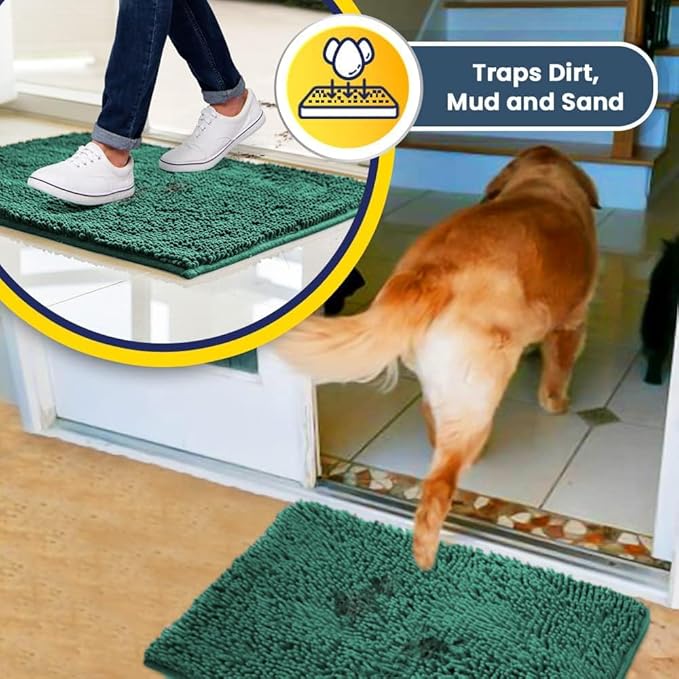 Muddy Mat® Shown on TV – Super Absorbent Microfiber Dog Door Mat for Muddy Paws, Non-Slip Washable Pet Rug, Quick Dry Chenille Entryway Carpet, Machine Washable Indoor Outdoor mat, Dark Green 30"x19"