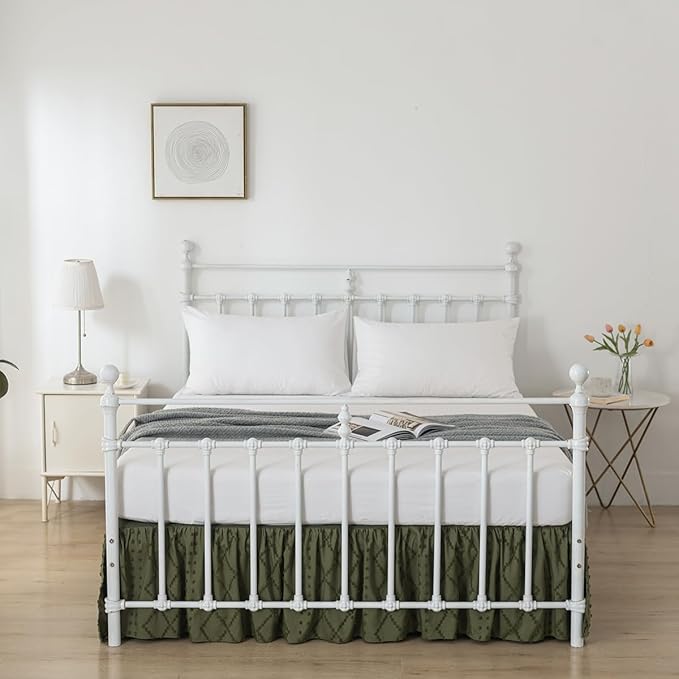Bed Skirt Full Size Ruffled Bed Skirt with Split Corners, 14 Inch Drop Dust Ruffle Bed Skirts with Platform, Boho Tufted Shabby Chic Full Size Bed Skirts, Olive Green