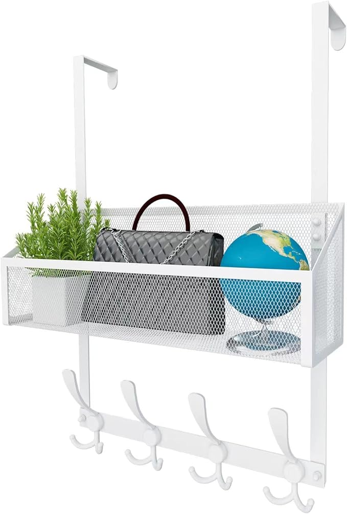 Kaiferty Over The Door Hooks Organizer, Coat Rack Over The Door Storage Hanger Towel Rack, Back of Door Storage Organizer for Bathroom,Bedroom,Kitchen,Office (White, 2-Tier)