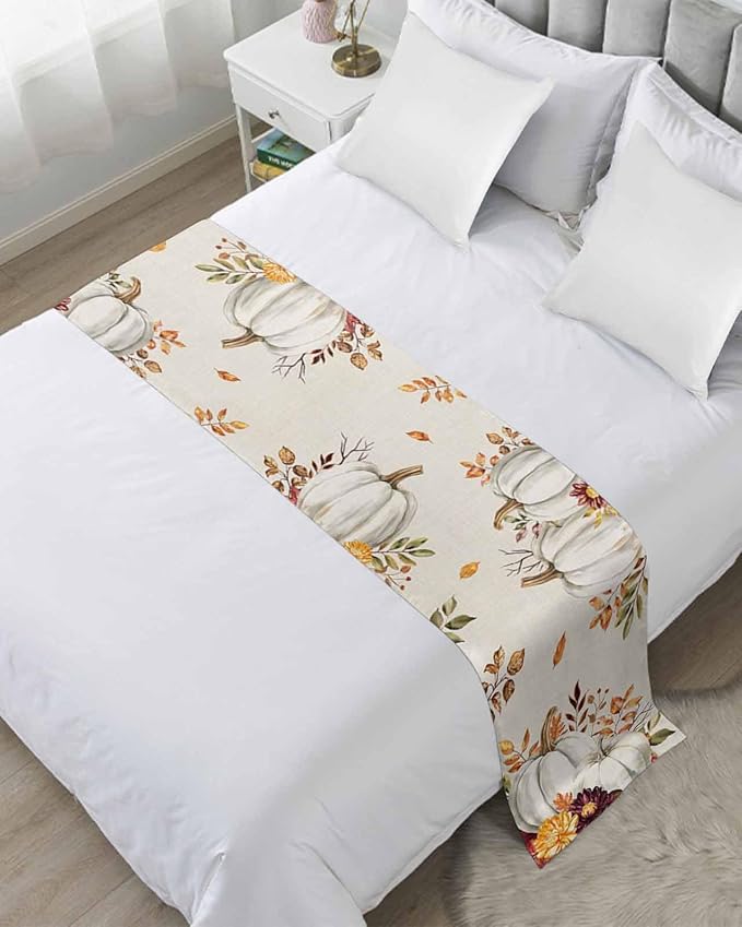 Thanksgiving Pumpkin Fall Maple Leaf Watercolor Bed Runners for Bedroom Hotel,Decorative Bedding Scarf Retro Linen Bed End Blanket Bedding Runner Scarves for Full Size Beds,83x20in