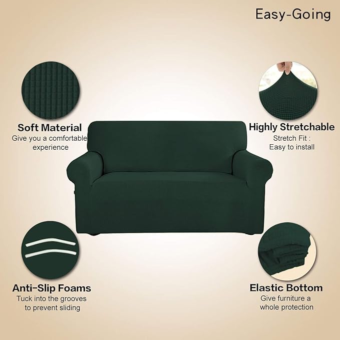 Easy-Going Stretch Sofa Slipcover 1-Piece Sofa Cover Furniture Protector Couch Soft with Elastic Bottom for Kids, Polyester Spandex Jacquard Fabric Small Checks (Sofa, Dark Green)