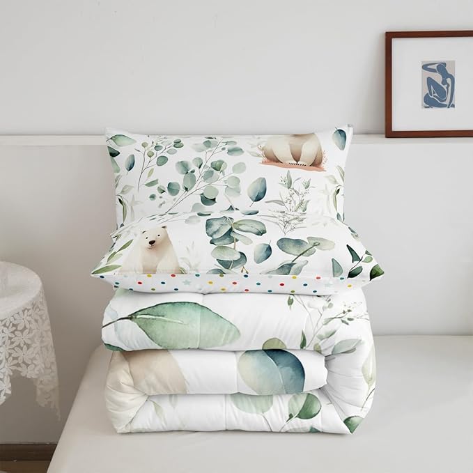 Erosebridal Boys Cartoon Animal King Bedding Sets for Kids Toddler Kawaii Polar Bear Comforter Set, Arctic Wildlife Duvet Insert White Green Down Comforter, Botanical Eucalyptus Bedding Comforter Sets