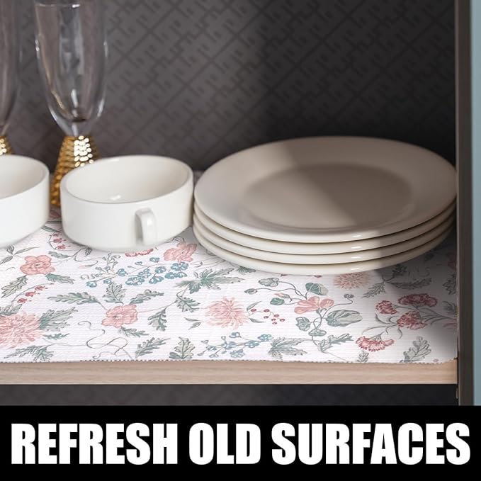 Floral Drawer and Shelf Liner for Cabinets, 12IN x 20FT Non-Adhesive and Strong Non-Slip Shelf Cabinet Drawer Liners for Kitchen, Table,Bookshelves,Waterproof Cupboard Liners,Easy to Clean