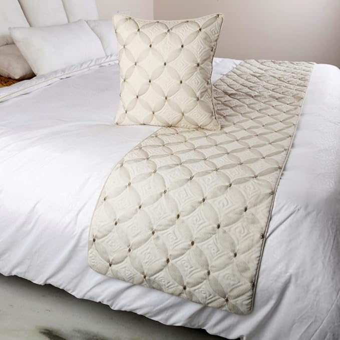 The HomeCentric King Queen Twin Ivory Bed Runner with 2 Decorative Throw Pillow Cover, Queen Size 74"x18" Bed Runner with Pillow Cover, Linen Quilted & Embroidery, Modern Contemporary - Tender Love