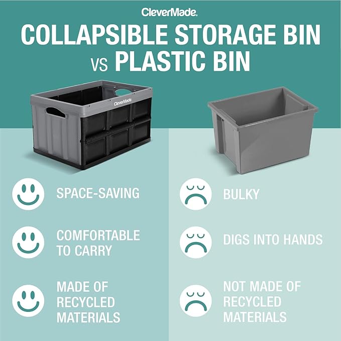 CleverMade Collapsible Storage Bins 46L (3-Pack) – Heavy Duty Collapsible Plastic Storage Bins, Stackable Folding Storage Bins for Car, Garage, Home Organization - Foldable Bins, Obsidian