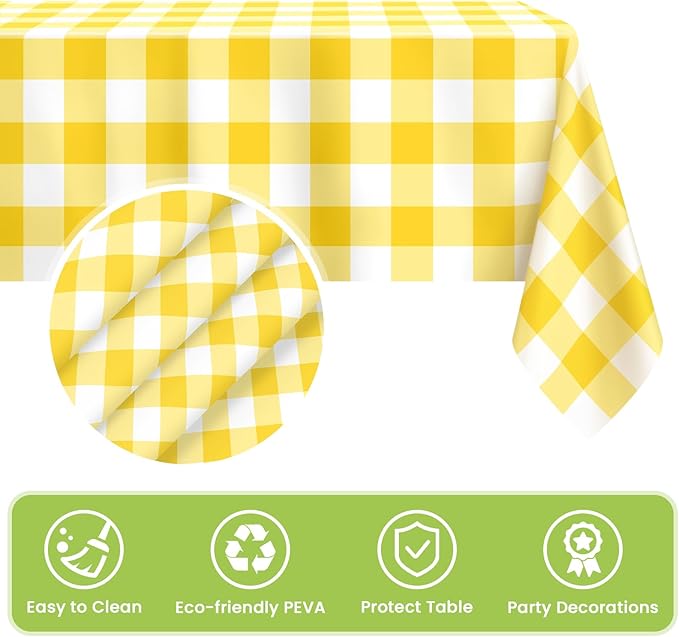 Mulbozy 4 Pcs Yellow Checkered Tablecloth 54 ×108 Inches Rectangle Yellow Gingham Tablecover Disposable Plastic Waterproof Table Cover for Outdoor Picnic, Kitchen, Holiday Birthday Party