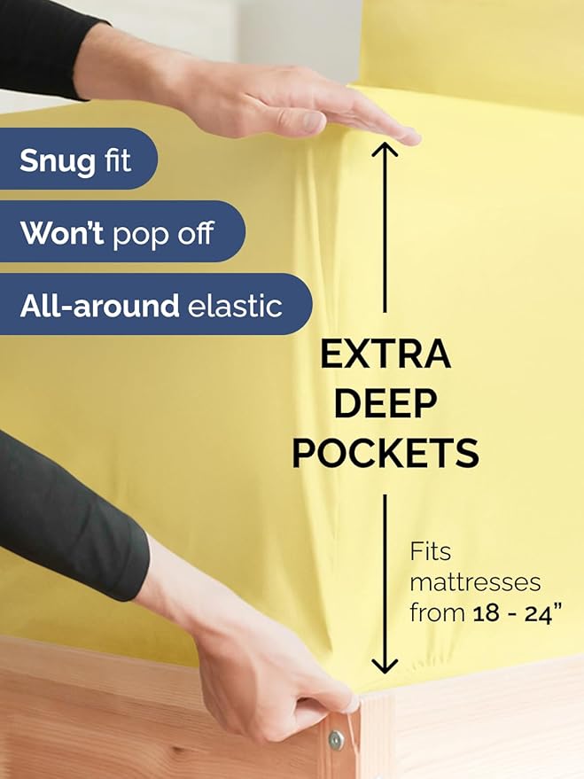 Extra Deep Split King Sheet Set - 7 Piece Breathable and Cooling Sheets - Hotel Luxury Bed Sheets Set - Easy Fit - Soft, Wrinkle Free and Comfy Sheets Set - Yellow Sheet Set with Extra Deep Pockets