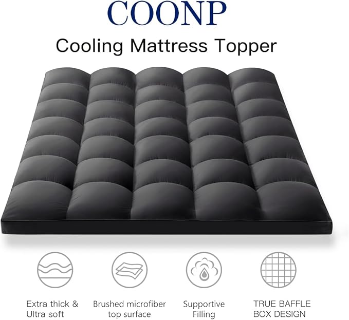 COONP Twin Mattress Topper, Extra Thick Pillowtop, Cooling Plush Mattress Pad Cover Bed Topper Protector with 8-21 Inch Deep Pocket (Black, Twin)