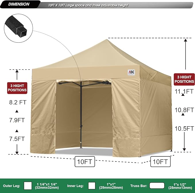 ABCCANOPY Heavy Duty Easy Pop up Canopy Tent with Sidewalls 10x10, Beige