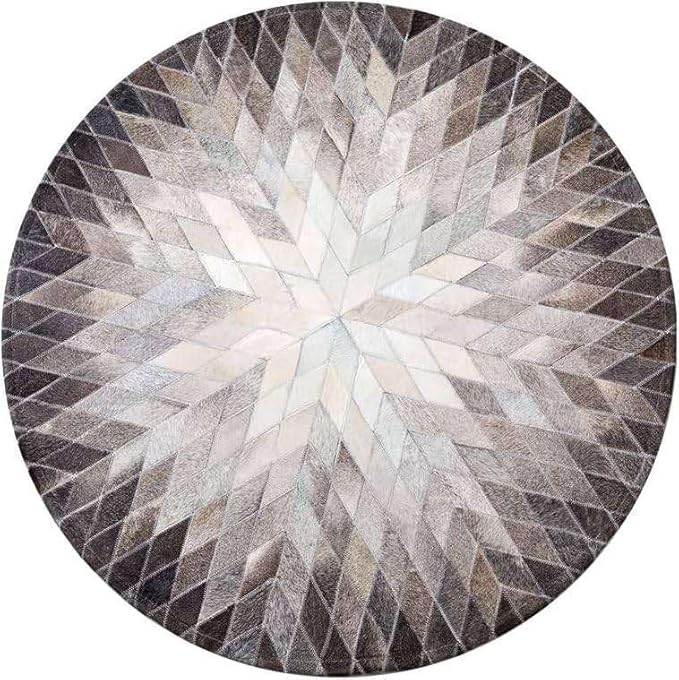 Cowhide Hairon Leather Round Rug, Geometric Patterned Circle Carpet for Living Room, Bedroom, Hall, Brown, 6×6ft