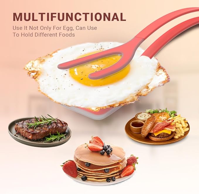ZONZEST Silicone Egg Flipper Spatula Tongs (Set of 1) – Non-Stick 2-in-1 Grip & Flip Kitchen Tongs for Pancakes, Fish, Eggs, and More – Heat Resistant Cooking Tool (Red)