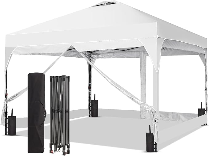 10x10 FT Pop Up Canopy with 4 Clear PVC Sidewalls, Instant 1-Button Push Canopy Tent for Outdoor Activities & Events