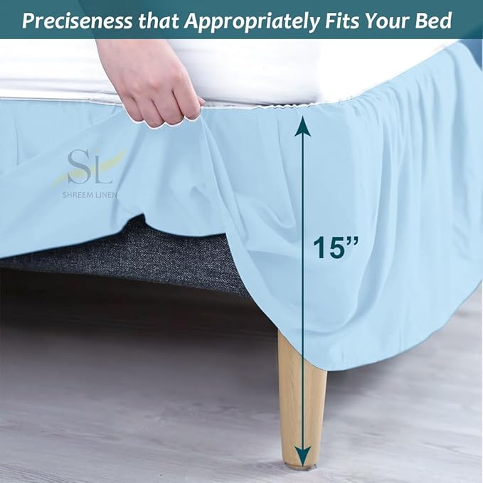 Shreem Linen Ruffled Bed Skirt with Split Corners, Gathered Style, 100% Microfiber, 15-Inch Drop, Dust Ruffle Bedskirt with Platform, Cal-King, Light Blue