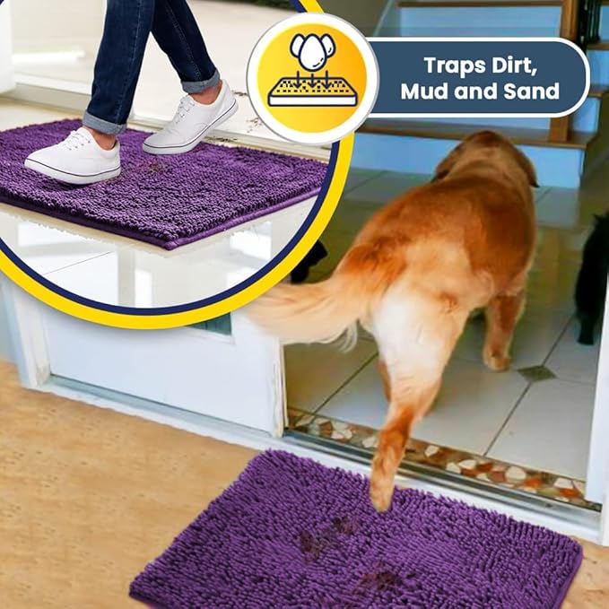 Muddy Mat® AS-SEEN-ON-TV Highly Absorbent Microfiber Door Mat and Pet Rug, Non Slip Thick Washable Area and Bath Mat Soft Chenille for Kitchen Bathroom Bedroom Indoor and Outdoor - Purple 24" x 96"