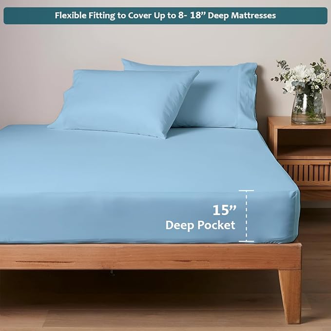 Olympic Queen Sheet Set – 100% Egyptian Cotton, 338 Thread Count – 4-Piece Luxury Super Queen Sheets – Soft & Breathable – 16” Deep Pocket Fitted Sheet, 1 Flat Sheet, 2 Pillowcases (Light Blue Solid)