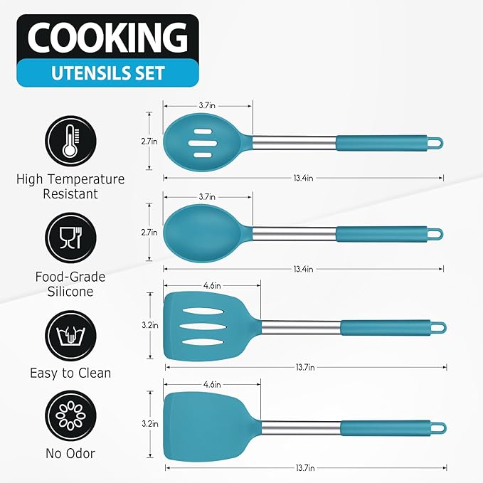 Pack of 4 Large Silicone Cooking Spatulas and Spoons, Slotted and Solid Stainless Steel Cooking Utensils Set, Non-stick Heat Resistant Kitchen for Baking, Fried, Stir-Fry, Mixing, Serving (Blue)