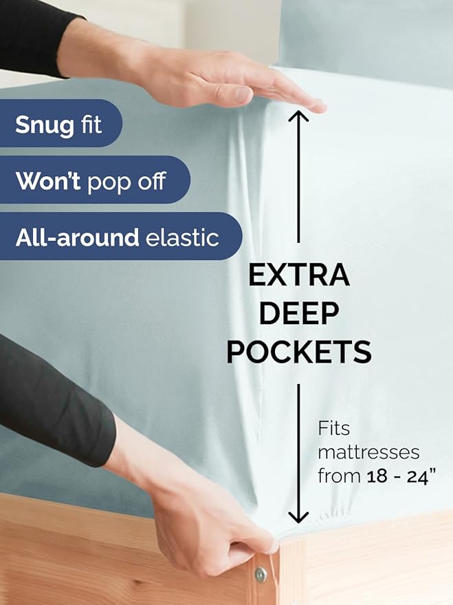 Extra Deep Pocket King Sheets - 4 Piece Breathable & Cooling Bed Sheets - Hotel Luxury Bed Sheet Set - Soft, Wrinkle Free & Comfy - Easily Fits Extra Deep Mattresses - Deep Pocket Ice Blue Sheets Set
