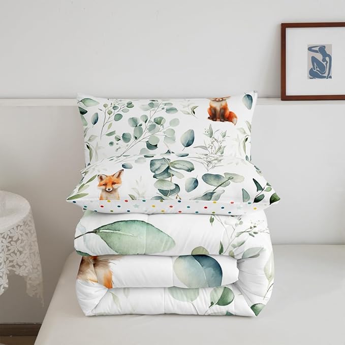 Erosebridal Girls Cartoon Animal Twin Comforter Set for Kids Toddler Kawaii Fox Bedding Set Twin, Woodland Wildlife Bedding Comforter Sets Jungle Wild Fox Duvet Set, Green Eucalyptus Quilted Comforter