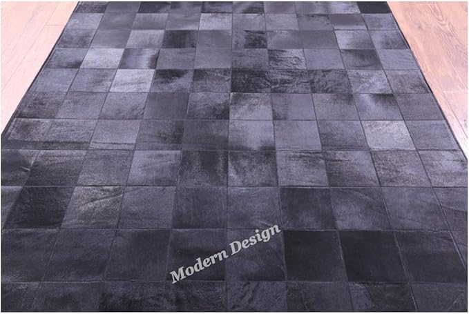 Modern Design Premium Cowhide Leather Carpet with Chevron Pattern, Area Rug (Black, 2x3)