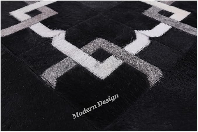 Modern Design Premium Cowhide Leather Carpet with Chevron Pattern, Area Rug (Black/Grey/White, 9'6"x14'0)