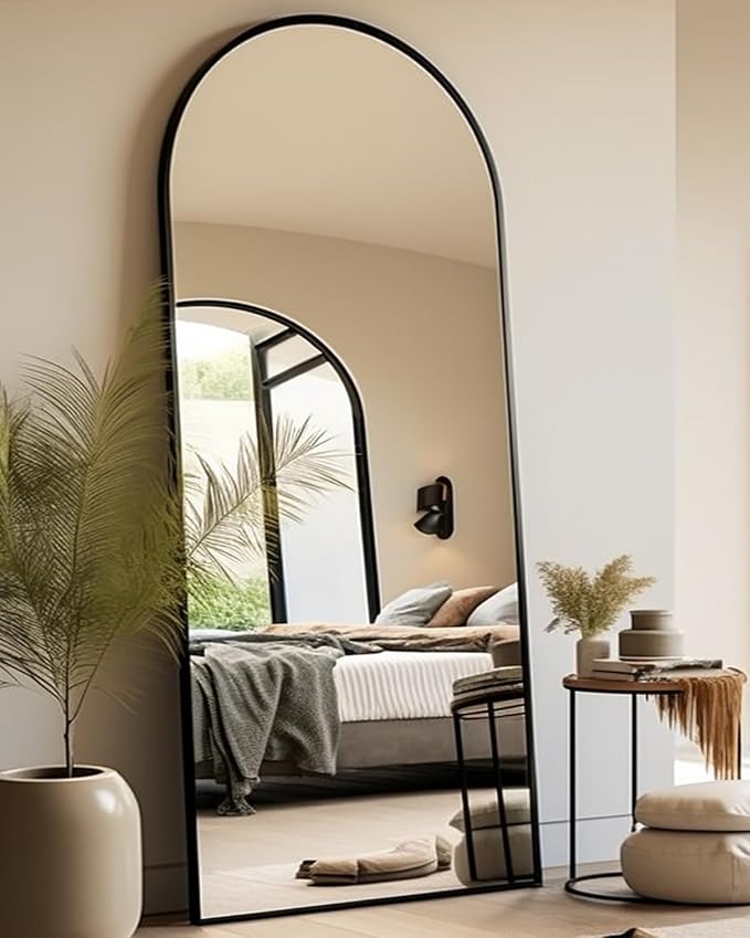BEVERDY Full Length Mirror, Arched Floor Mirror with Stand, 28"x71" Oversized Floor Mirror, Wall Mirror Full Length Freestanding, Wall Mounted Mirror for Bedrooom Living Room, Black