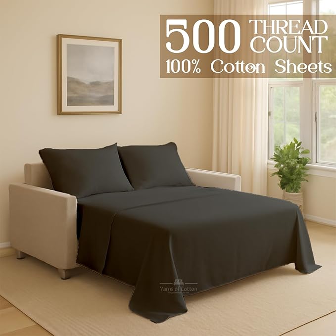 Sleeper Sofa 4 Piece Bed Sheet Set Premium Quality 100% Cotton 500 Thread Count, Smooth & Super Soft Sateen Weave, Extra Soft Bed Sheets, Wrinkle Free, 4 Inch Deep Pocket (Full, Dark Grey)