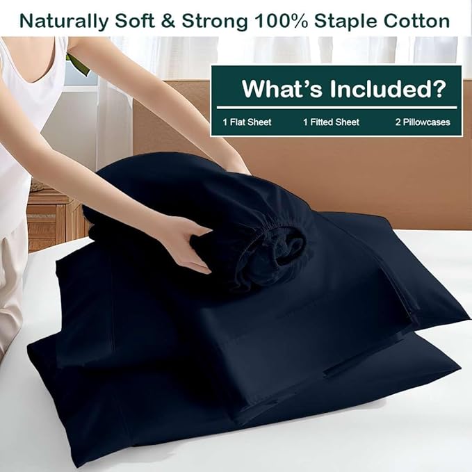 NON Sticky cotton Full Size Sleeper Sofa Sheets, 4 Piece Egyptian Cotton Bed Sheet Set for Sofa Bed, 6" Deep Pocket Fitted Sheet for Pull Out Couch Mattress, 54" x 75", Navy Blue Solid