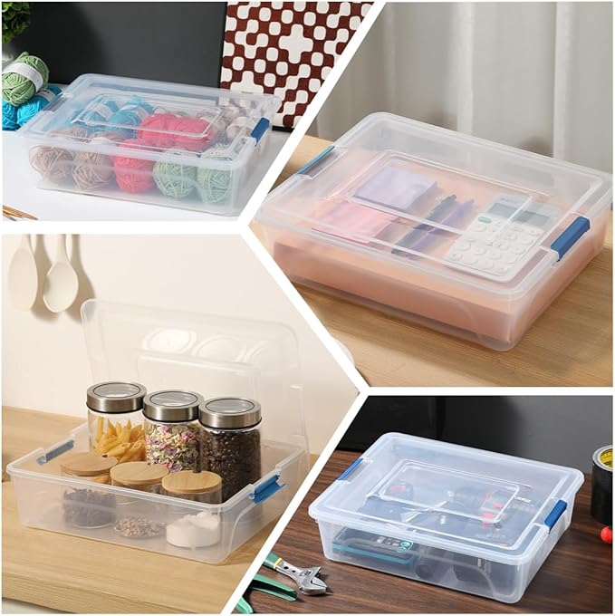 Plastic Storage Containers Clear Craft Storage Bins with Grey Handle,Organizer Box with Durable Lids Stackable Containers for Organizing Craft and Tools (4 Pack-10 Quart Blue)
