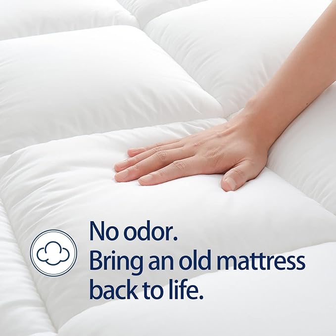 Mattress Topper Queen for Back Pain, Extra Thick Mattress Pad Cover, Plush Pillow Top, Deep Elastic Pocket, White