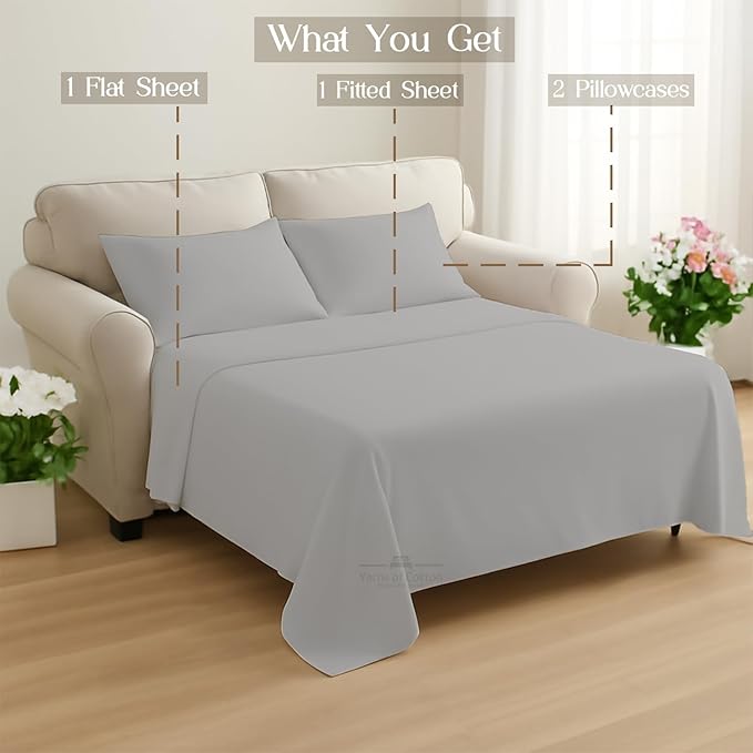 Sleeper Sofa 4 Piece Bed Sheet Set Premium Quality 100% Cotton 500 Thread Count, Smooth & Super Soft Sateen Weave, Extra Soft Bed Sheets, Wrinkle Free, 8 Inch Deep Pocket (Queen, Silver)