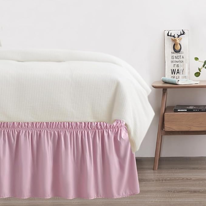 Twin Bed Skirt, Elastic Wrap Around Bed Skirt Twin Size, Bed Skirts for Adjustable Bed, Easy Fit with 14" Drop Length Tailored Drop Dust Ruffle (Pink)