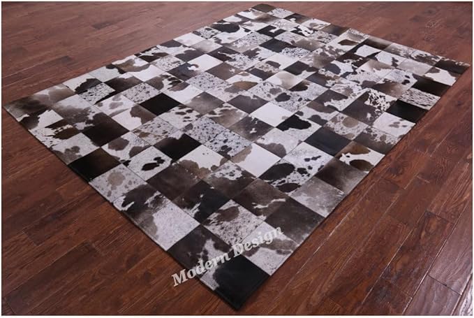 Modern Design Premium Cowhide Leather Carpet with Chevron Pattern, Area Rug (D.Brown/White, 3x12)
