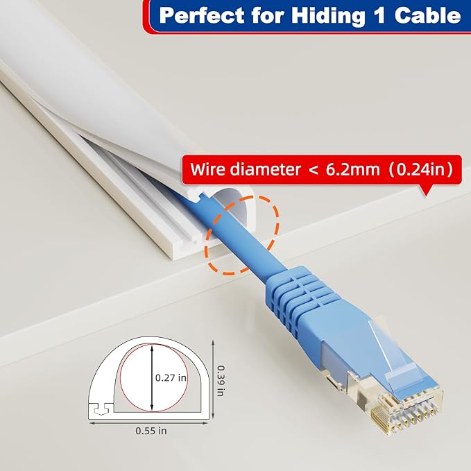 78" Side Buckle Cable Hider for 1 Cords,Extension Cord Covers for Wires On Wall,Adhesive Cord Hider for Wall Mount Tv, Wire Channel for Cable Concealer,Cable Raceway Home & Office,White