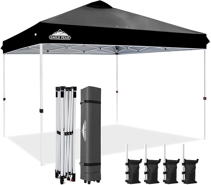 EAGLE PEAK Pop Up Canopy Tent with Wheeled Carry Bag, 8 Stakes, 4 Ropes, 4 Weight Bags, Easy Set Up Tent Canopy, 12x12 ft, 144sqft of Shade, Black