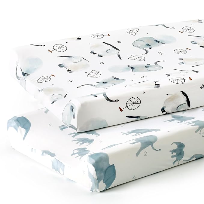 GRSSDER Stretch Ultra Soft Jersey Knit Changing Pad Cover Set 2 Pack, Change Table Pad Covers Fit 32"/34" x 16" Pads Safe and Snug, Cute Diaper Changing Pad Covers of Elephant Print