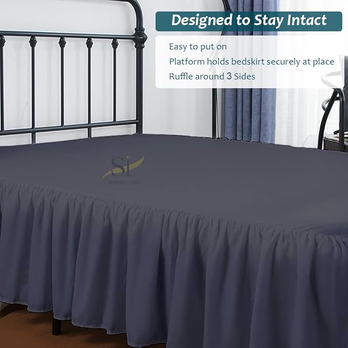 Shreem Linen Ruffled Bed Skirt with Split Corners, Gathered Style, 100% Microfiber, 24-Inch Drop, Dust Ruffle Bedskirt with Platform, Olympic Queen, Dark Grey